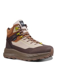 Buty trekkingowe z brązowej skóry i beżowej tkaniny, z zielonymi akcentami, oraz trwałą szaro-skalną podeszwą z teksturowym bieżnikiem.