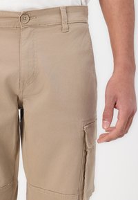 Beiga cargoshorts i mjukt tyg, med knappstängning, bälteshällor och en sidoficka. Designen är avslappnad och funktionell.