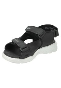 Svart sandal med justerbara remmar, med en texturerad ovandel och en vit, dämpad gummisula, utformad för komfort och stabilitet.