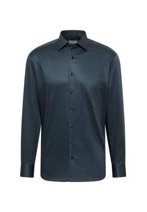 Chemise à manches longues bleu marine en tissu lisse, ornée d'un motif à pois subtil, avec fermeture à boutons et col classique.