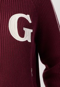 Maglione lavorato a maglia bordeaux con un motivo a coste strutturato e una grande lettera "G" ricamata in bianco sul davanti. Dettaglio con cerniera sul lato.