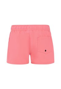 Pantaloni da bagno rosa con cintura elastica, tasca sul retro e tessuto liscio. Taglio corto e design semplice, adatti per il beachwear.