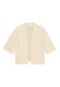 Helles beiges Cardigan, offenes Design, kurze Ärmel, weicher Stoff, leichtes Material, dezentes meliertes Muster.