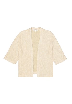 Cardigan beige clair, design à ouverture frontale, manches courtes, texture douce, tissu léger, motif chiné subtil tout au long.