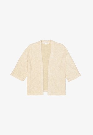 Cárdigan beige claro, diseño de apertura frontal, mangas cortas, textura suave, tejido ligero, sutil patrón jaspeado en toda la prenda.