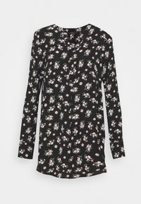 Blusa nera floreale con maniche lunghe, scollatura a V e piccoli motivi floreali rosa e verdi su tutto il tessuto.