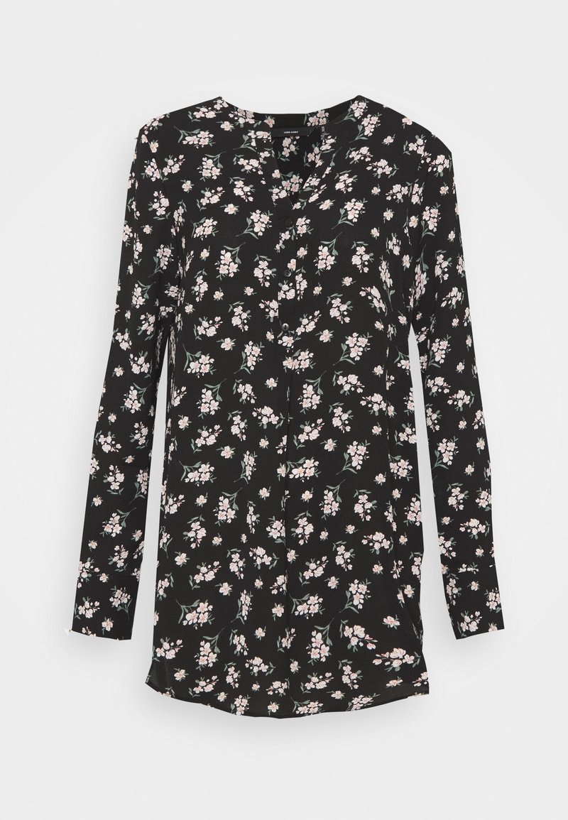 Blusa nera floreale con maniche lunghe, scollatura a V e piccoli motivi floreali rosa e verdi su tutto il tessuto.