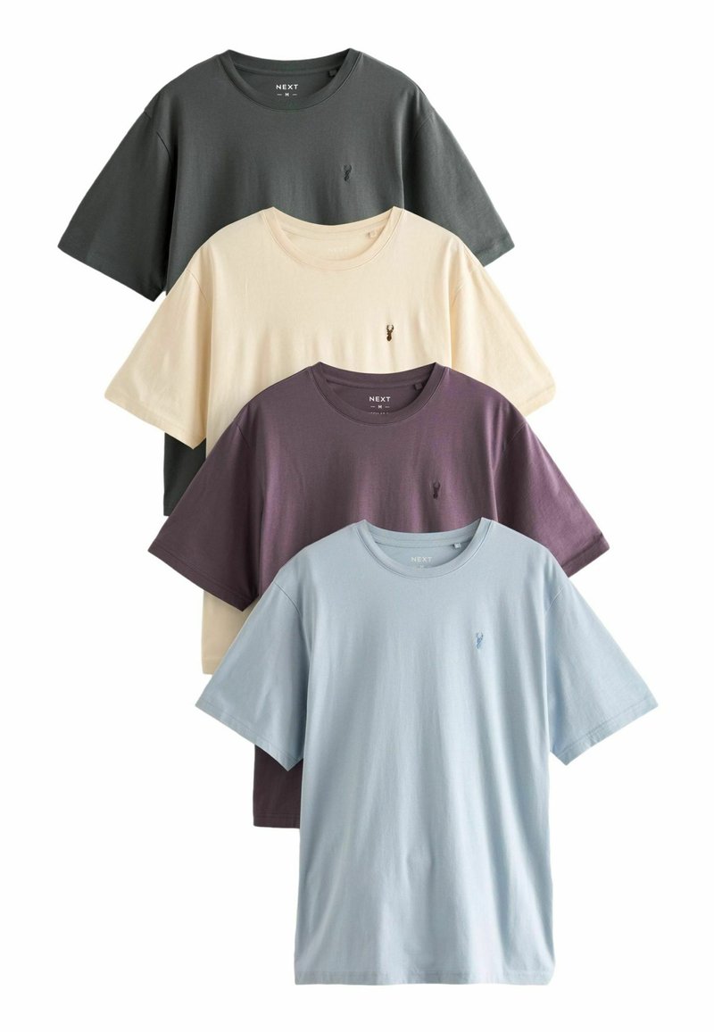 Fire kortærmede T-shirts stablet. Farver: mørkegrå, creme, lilla, lys blå. Rund hals med lille logo-detalje på brystet. 100% bomuldsstof.