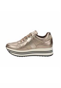 Metallisch bronze Sneaker aus strukturiertem Leder, mit Schnürdesign, weißer Plateausohle mit schwarzen Streifen und gepolstertem Kragen für zusätzlichen Komfort.