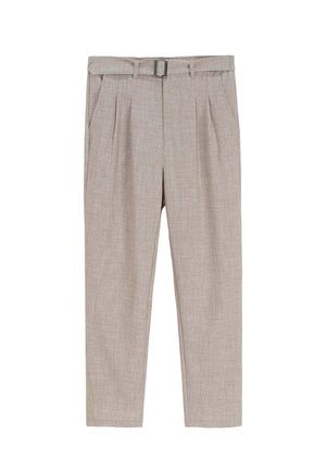 Pantalon tailleur beige clair taille haute avec ceinture et poches latérales, coupe droite, tissu texturé.