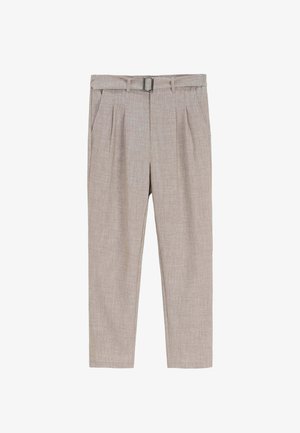 Pantalon tailleur beige clair taille haute avec ceinture et poches latérales, coupe droite, tissu texturé.