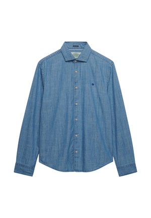 Long-sleeve blue chambray shirt with button front, pointed collar, and small embroidered logo on the left chest.