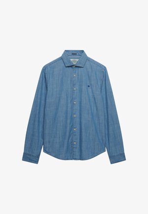 Langærmet blå chambray-skjorte med knapper foran, spidst krave og lille broderet logo på venstre bryst.