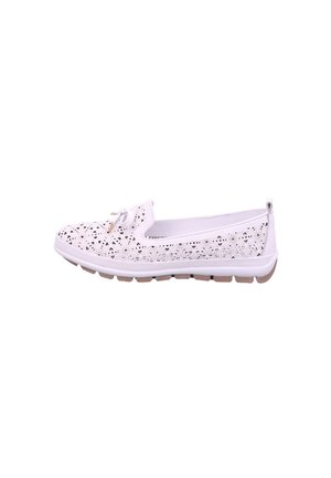 White slip-on shoes featuring perforated floral patterns, a soft textured surface, and a cushioned sole with a light brown grip.