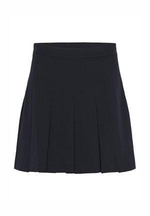 Jupe plissée marine en tissu lisse. La taille est plate, avec plusieurs plis verticaux s'étendant à partir de celle-ci. Design classique.