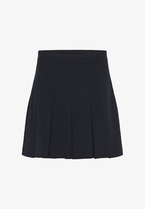 Gonna plissettata blu navy realizzata in un tessuto morbido. La vita è piatta, con numerosi plissè verticali che si estendono da essa. Design classico.