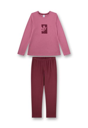 Langearmige roze top met een bloemenafdruk, gecombineerd met maroon elastische taillebroek. Gemaakt van zachte, lichte stof.