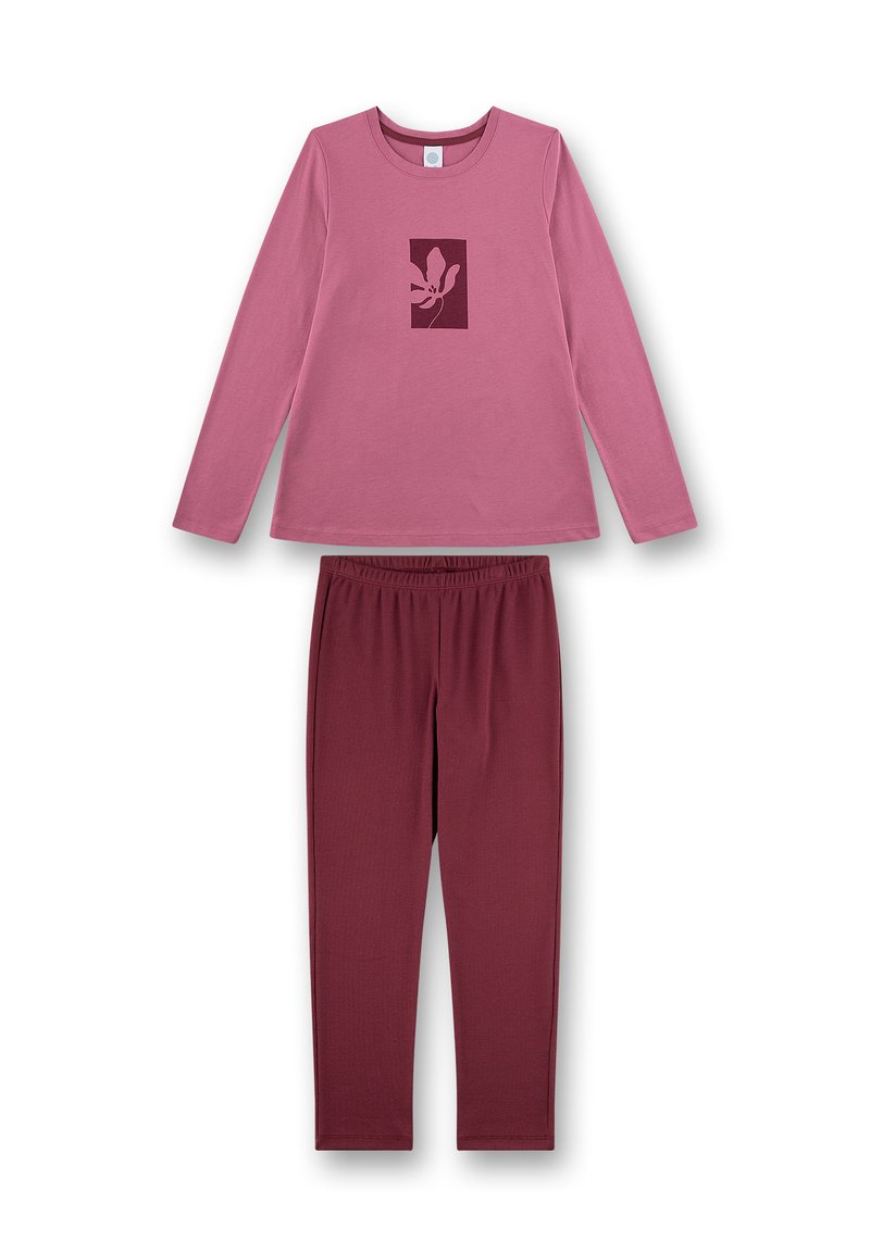 Langearmige roze top met een bloemenafdruk, gecombineerd met maroon elastische taillebroek. Gemaakt van zachte, lichte stof.