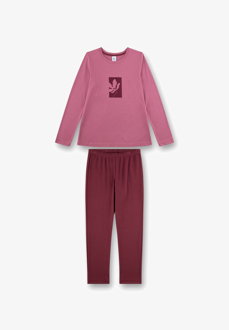 Long-sleeve pink top with a flower graphic, paired with maroon elastic-waist pants. Made from soft, lightweight fabric.