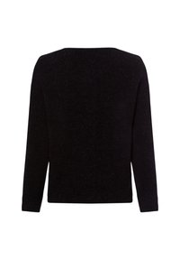 Schwarzer Pullover mit einem einfachen, kastigen Design, langen Ärmeln und einem runden Ausschnitt. Hergestellt aus strukturiertem Strickmaterial ohne sichtbare Muster.