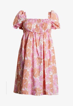 Abito floreale con corpetto arricciato, maniche a palloncino corte e una forma A-line ampia. I colori includono motivi floreali in rosa, arancione e bianco.