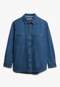 Donkerblauw denim overhemd met een button-down kraag, lange mouwen, twee borstzakken en een licht gestructureerde stof.