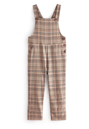 Salopette enfant à motif écossais marron et beige avec bretelles boutonnées, boutons latéraux et poches avant.