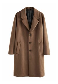 Brauner Wollmantel mit Reverskragen, zwei vorderen Taschen und drei Knöpfen. Das Innere ist mit schwarzem Stoff ausgekleidet.
