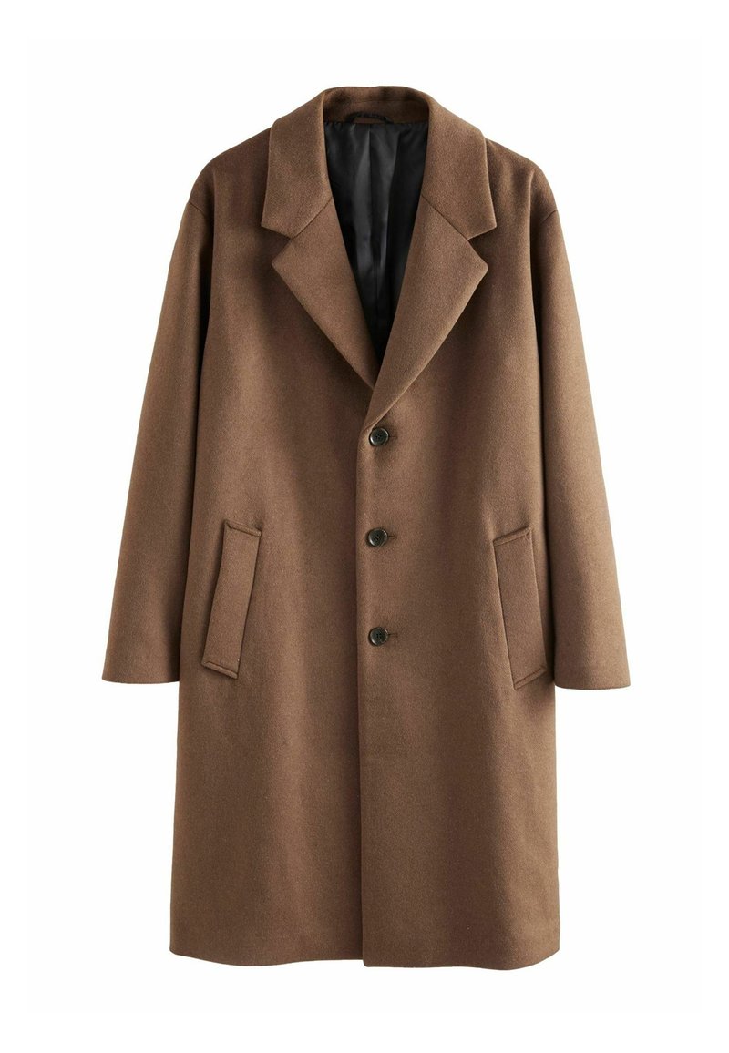Brauner Wollmantel mit Reverskragen, zwei vorderen Taschen und drei Knöpfen. Das Innere ist mit schwarzem Stoff ausgekleidet.