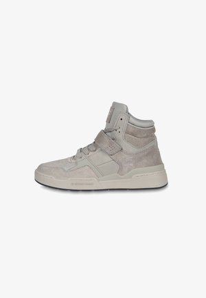 High-top beige sneaker with suede and leather panels, a strap over laces, padded ankle collar, and branded sole and tongue.