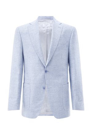Hellblauer Herrenblazer mit Kerbklappen, zwei Knöpfen, aufgesetzten Taschen und dezent texturiertem Stoff.