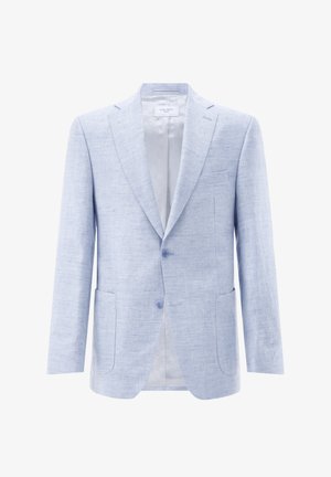Hellblauer Herrenblazer mit Kerbklappen, zwei Knöpfen, aufgesetzten Taschen und dezent texturiertem Stoff.