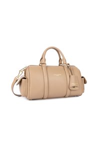 Borsa a mano in pelle beige con doppi manici superiori, tracolla removibile, finiture in oro, logo impresso e design strutturato.