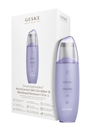 Brosse nettoyante microcourant violette avec options pour exfolier, hydrater et lifter à côté de sa boîte blanche de produit étiquetée GESKE 9 en 1 anti-points noirs.