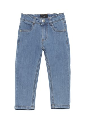 Jeans in denim azzurro chiaro con cinque tasche, passanti per cintura e chiusura con bottone. Presentano cuciture sottili e un design a gamba dritta.