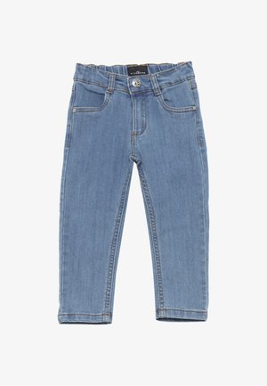 Jeans in denim azzurro chiaro con cinque tasche, passanti per cintura e chiusura con bottone. Presentano cuciture sottili e un design a gamba dritta.