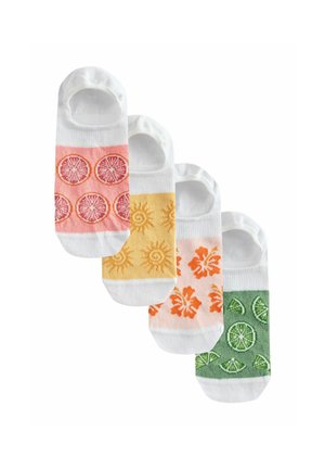Four white no-show socks with colorful designs: pink grapefruit, yellow suns, orange hibiscus flowers, and green lime slices.