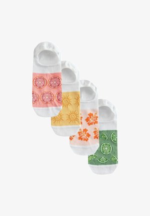 Four white no-show socks with colorful designs: pink grapefruit, yellow suns, orange hibiscus flowers, and green lime slices.