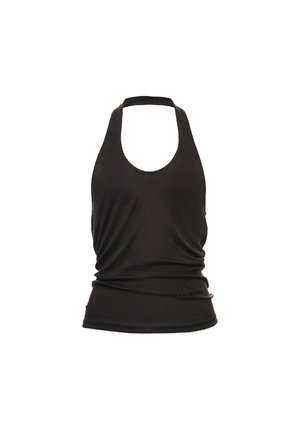 Czarny bezrękawnik z dekoltem halter, wykonany z miękkiego materiału, o dopasowanej sylwetce i marszczonym detalu w talii. Dyskretne logo na dole.