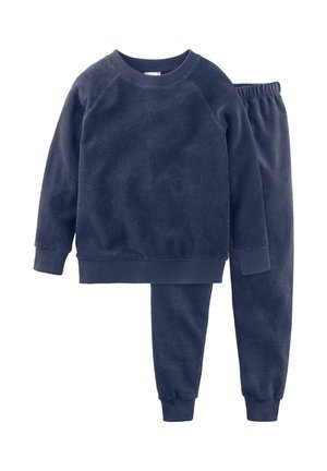 Marineblaue Fleecesweatshirt und passende Jogginghose mit gerippten Bündchen und elastischem Bund, flach auf weißem Hintergrund gelegt.