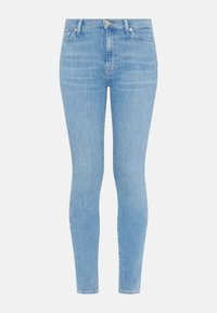 Jeans skinny azzurri chiari in denim, con vita alta, texture liscia e una leggera scoloritura per un aspetto vissuto. Design classico a cinque tasche.