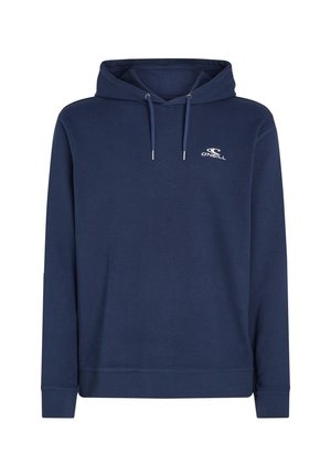 Navy blue cotton hoodie with a drawstring hood, front kangaroo pocket, ribbed cuffs, and a small white logo on the chest.