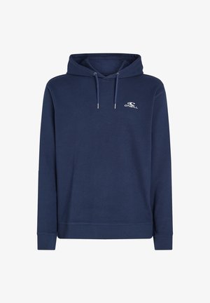 Navy blue cotton hoodie with a drawstring hood, front kangaroo pocket, ribbed cuffs, and a small white logo on the chest.