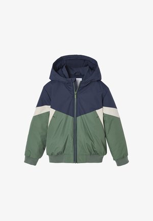 Kinder-Hoodie-Jacke mit einer vorderen Reißverschluss, oberer Teil in Marineblau, unterer Teil in Grün und weißen diagonalen Streifen an den Ärmeln.