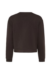 Hnědý zkrácený sweatshirt s dlouhými rukávy, žebrovanými manžetami a kulatým výstřihem. Hladký povrch s jednoduchým, minimalistickým designem.