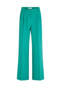 Teal wijde broek van lichtgewicht stof, met plooien aan de voorkant, een gladde textuur en een aansluitende tailleband.