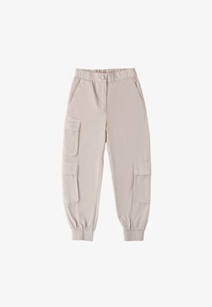 Hellbeige Cargo-Hosen aus glattem Stoff, mit einem elastischen Taillenbund, zwei Seitentaschen und elastischen Bündchen an den Knöcheln.