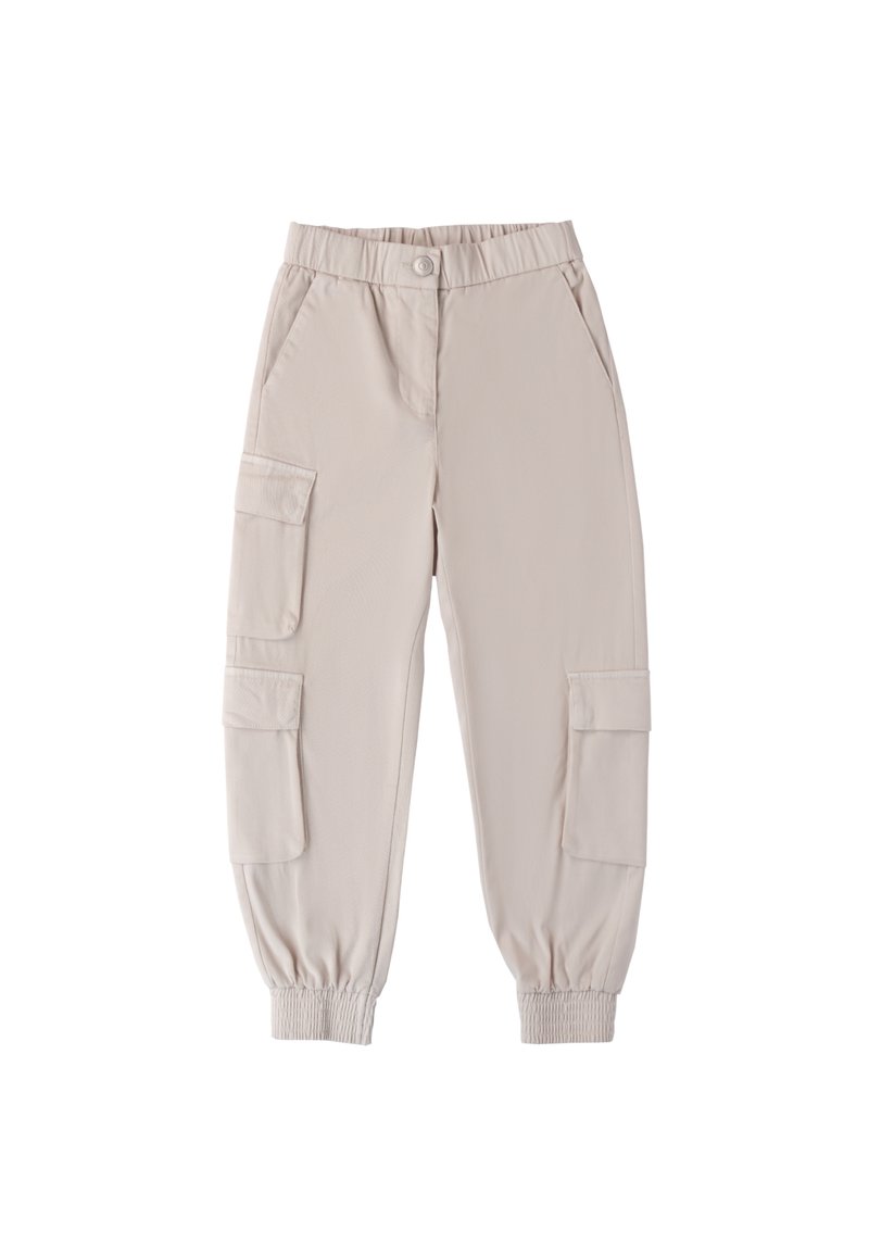 Hellbeige Cargo-Hosen aus glattem Stoff, mit einem elastischen Taillenbund, zwei Seitentaschen und elastischen Bündchen an den Knöcheln.