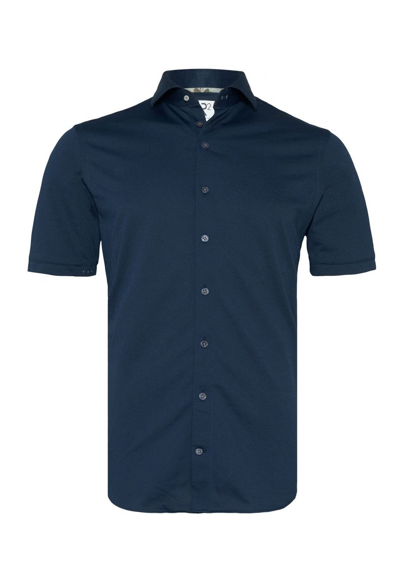 Korte mouwen overhemd van marineblauwe stof, met een knoopsluiting aan de voorkant, een gladde textuur, een kraaghalslijn, rechte zoom en vijf zichtbare knopen.