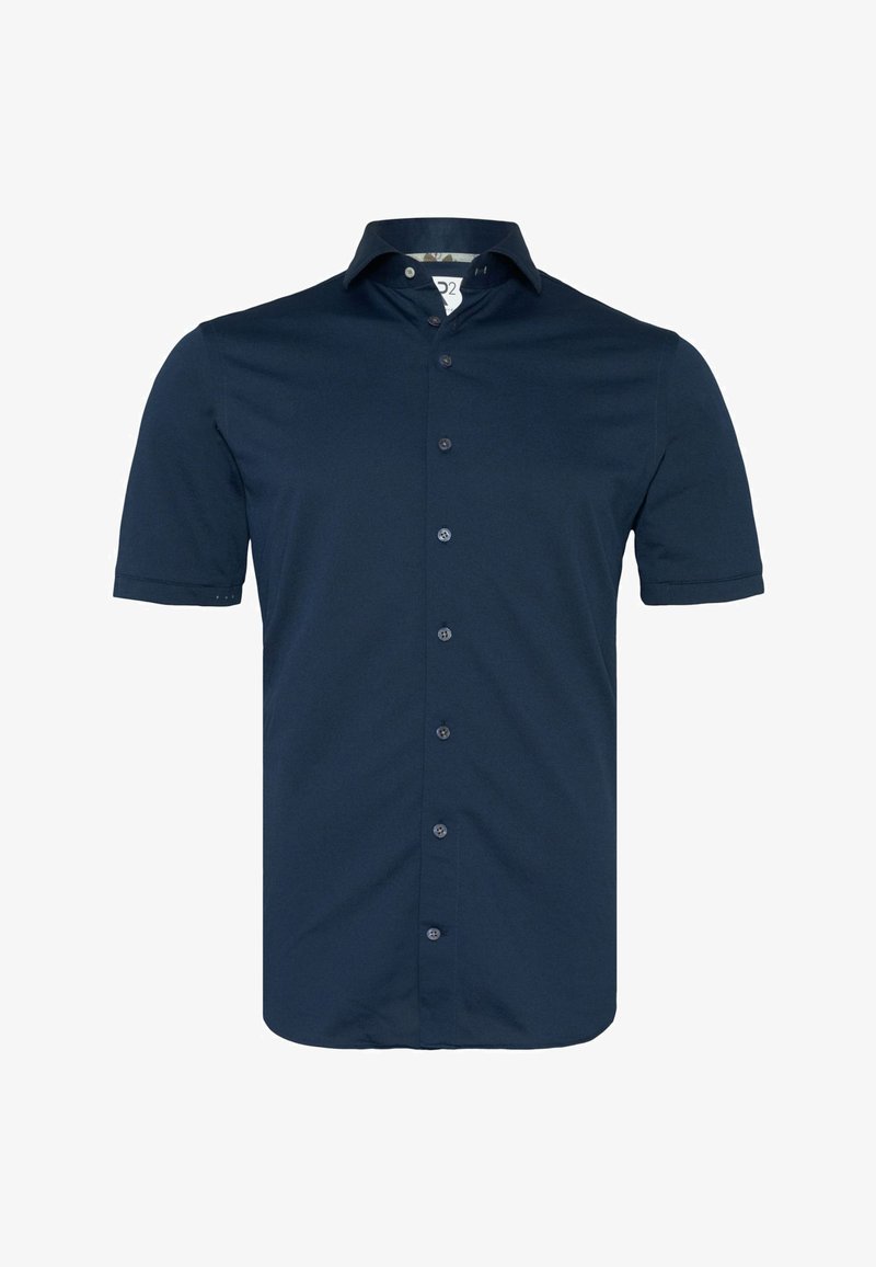 Korte mouwen overhemd van marineblauwe stof, met een knoopsluiting aan de voorkant, een gladde textuur, een kraaghalslijn, rechte zoom en vijf zichtbare knopen.